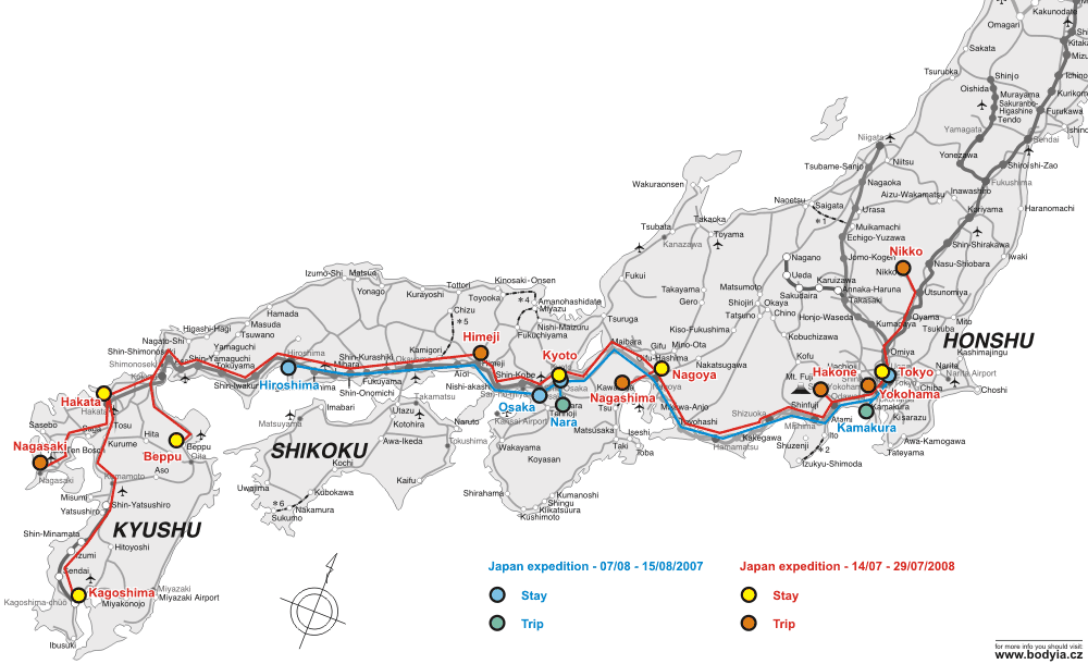 Mapa Japonska - trasa 2008 červeně, trasa 2007 modře. Většina fotografií Olympus E510 + Zuiko 1442. Něco málo Zuiko 4015 a koncem galerie taky Ricoh GX100.
