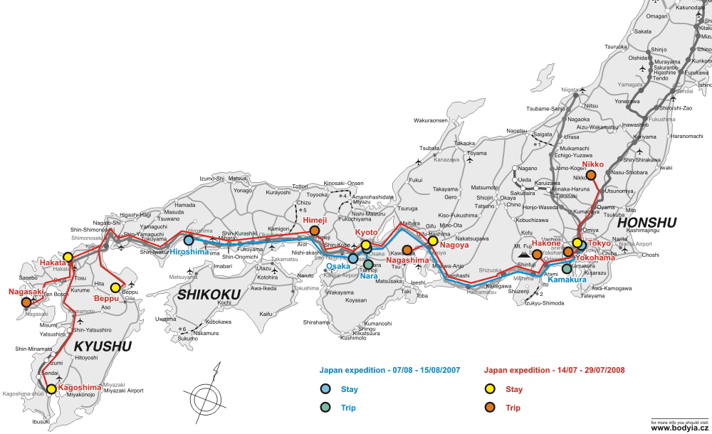 Mapa Japonska - trasa 2008 erven, trasa 2007 mode. Vtina fotografi Olympus E510 + Zuiko 1442. Nco mlo Zuiko 4015 a koncem galerie taky Ricoh GX100.